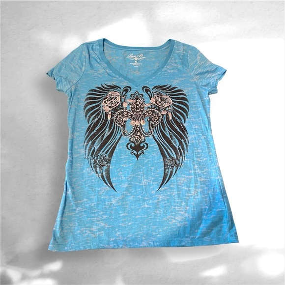 Prairie Rose Tops - 🪽Y2K Prairie Rose Blue Angel Wing Burnout Graphic Tee Size L